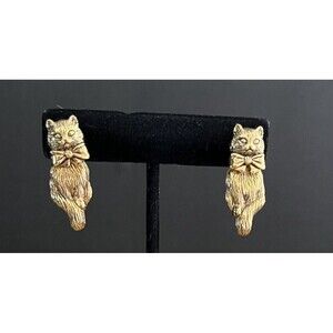 Vtg Avon Front to Back Kittens Cats Bow Moveable Gold Tone 3D Pierced Earrings